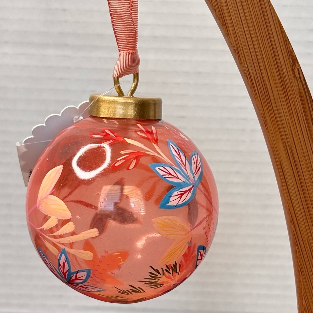 NWT ANTHROPOLOGIE Hand Painted Floral Orange Glass Christmas Holiday Ornament - Picture 5 of 10